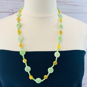 Glass bead necklace green yellow long